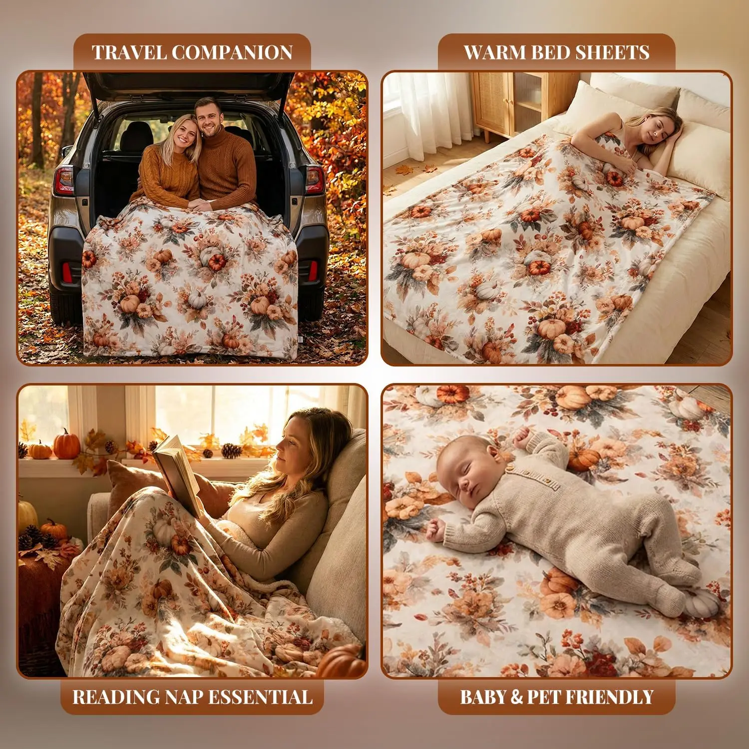 EVERLORIA Fall Pumpkin Throw Blanket 50"x60", Soft Warm Flannel Sherpa Fleece Autumn Blanket, Orange Pumpkin & Maple Leaves Throw for Sofa Couch Bed, Cozy Farmhouse Thanksgiving Home Decor Gift - view 5