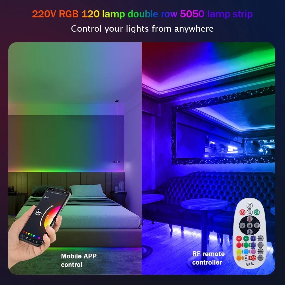 RGB levou tira de luz com wi-fi e bluetooth app, 120 leds/m, 5050, flexível, impermeável, ac 220v, para decoração do jardim