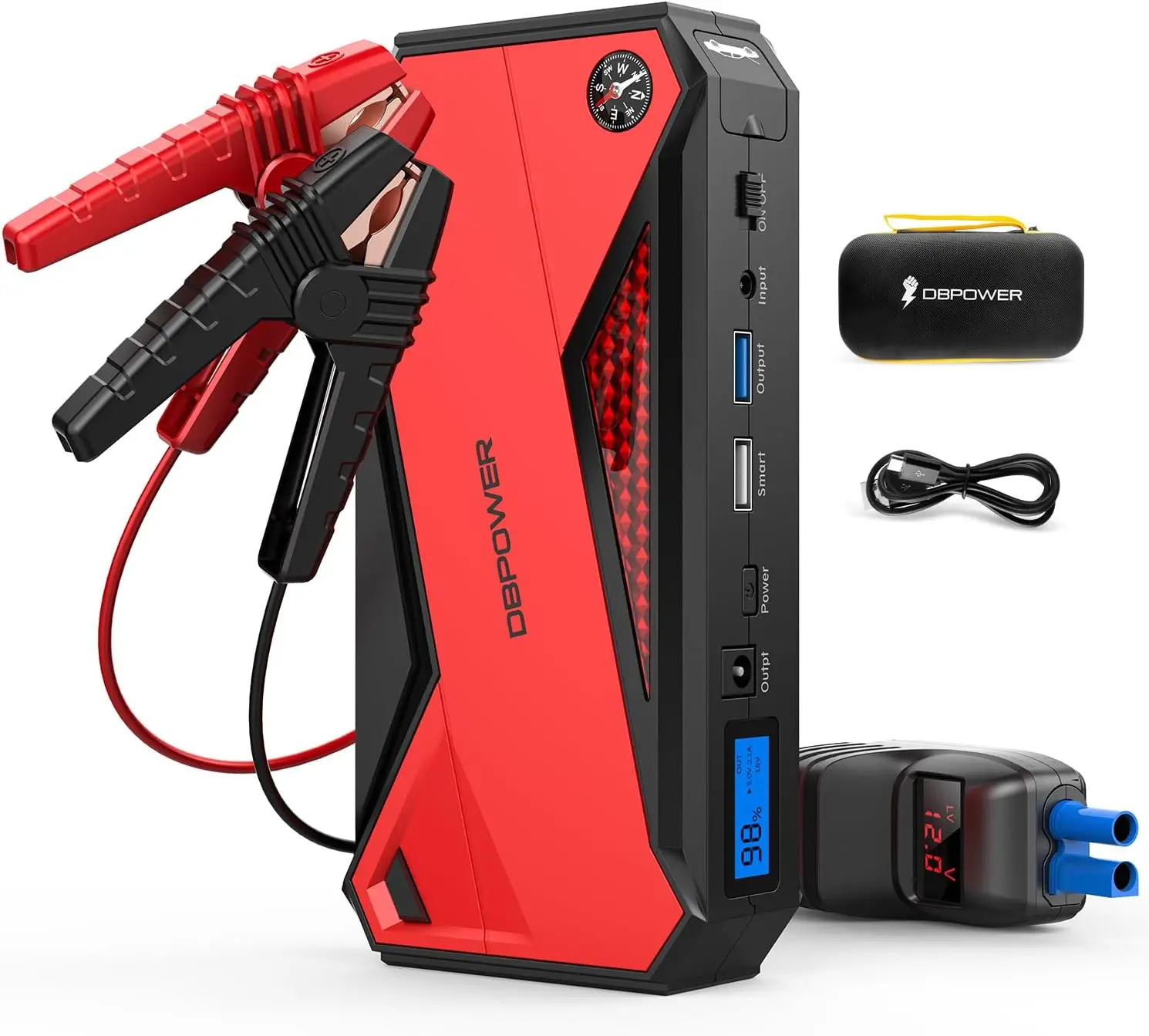 Car Jump Starter 1600A, 18000mAh, 12V Portable Battery Booster with USB Charge, LED Light, Compass, Smart Clamps (Red)