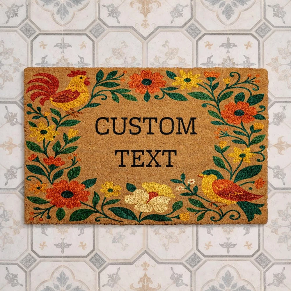 

Custom Folk Art Doormat Personalized Rooster Rustic Floral Welcome Mat Non Slip for Farmhouse Front Porch Entryway Coir Rug