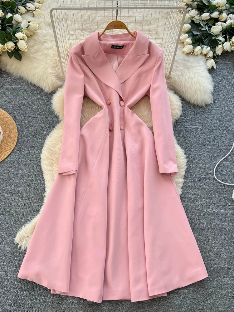 Retro Damesachtige Double-Breasted Pak Kraag Windjack Dr Afslanken Hoge Taille A-lijn Rok Lange Sve Herfst Winter Dr