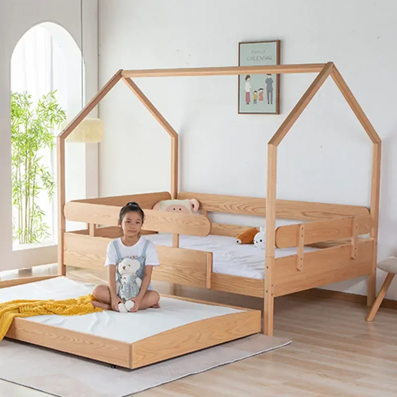 Cama de casa voadora de madeira maciça para crianças, cama mãe e filho de dupla camada, beliche de apartamento pequeno multifuncional