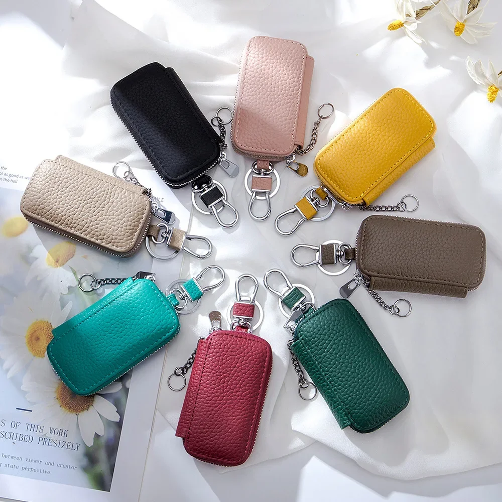 Funda de cuero genuino para llave de coche para mujer, bolso de cuero con patrón de lichi a la moda, diseño de marca de lujo, llavero con cremallera para hombre, novedad de 2023