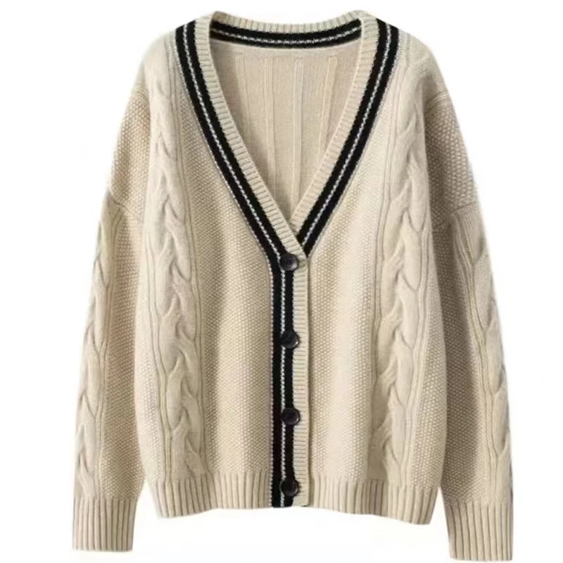 

100% pure cashmere cardigan, women's V-neck thickened color knitted coat, loose college style