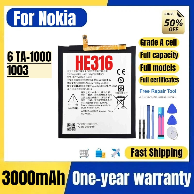 

HE316 for Nokia 6 TA-1000/1003 Mobile Phone Battery High Quality High Capacity Replacement Bateria Grade A Cell with Tools