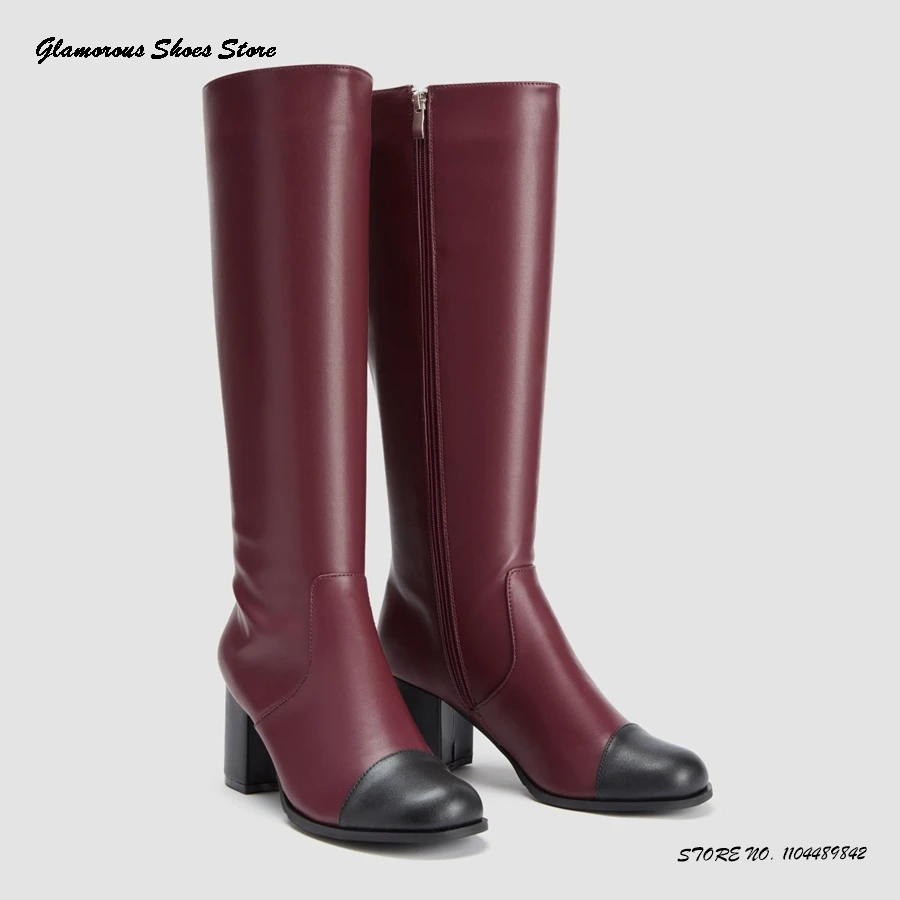 

Patchwork Leather Knee-high Boots Women's Round Toe Chunky Heel Daily Outfits Shoes Spring Autumn Side Zipper Modern Boots