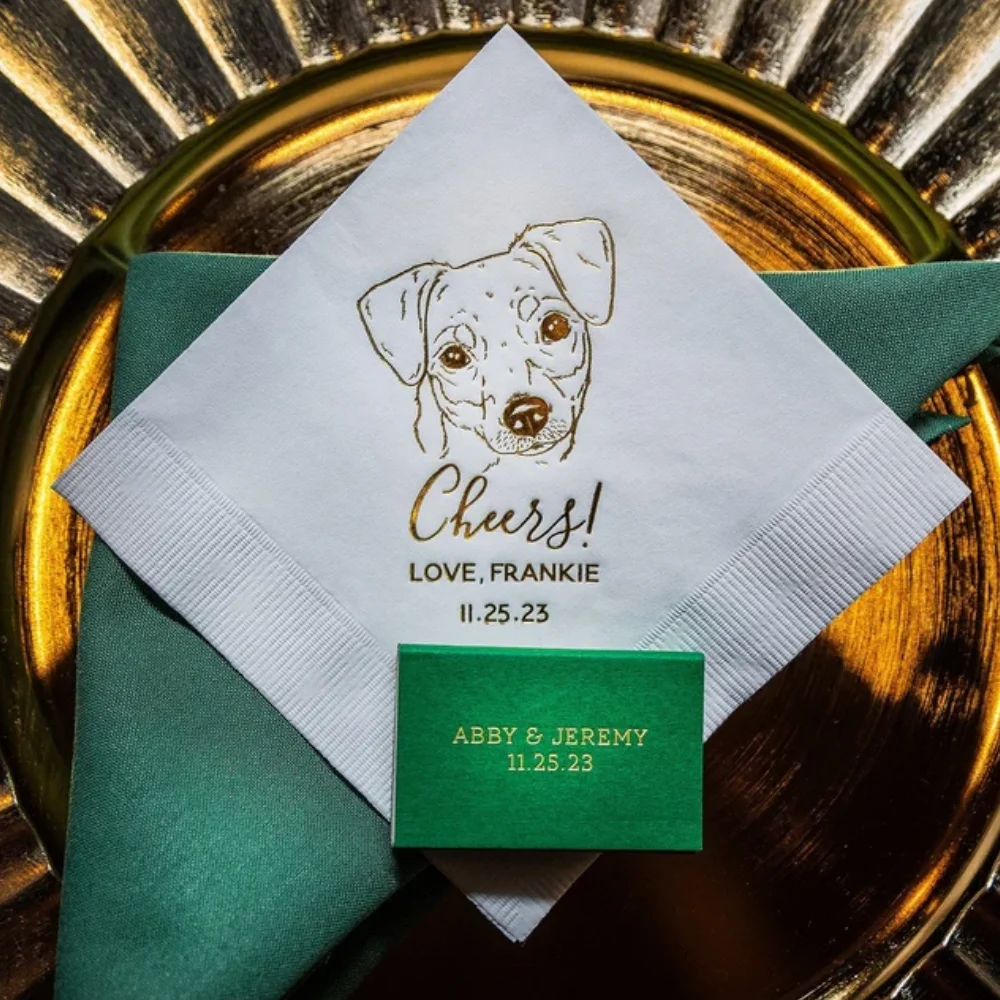 50Pcs Personalized Illustrated Dog Wedding Cocktail Napkins,Reception for Engagement Birthday Shower Party, Pet Bar Napkins