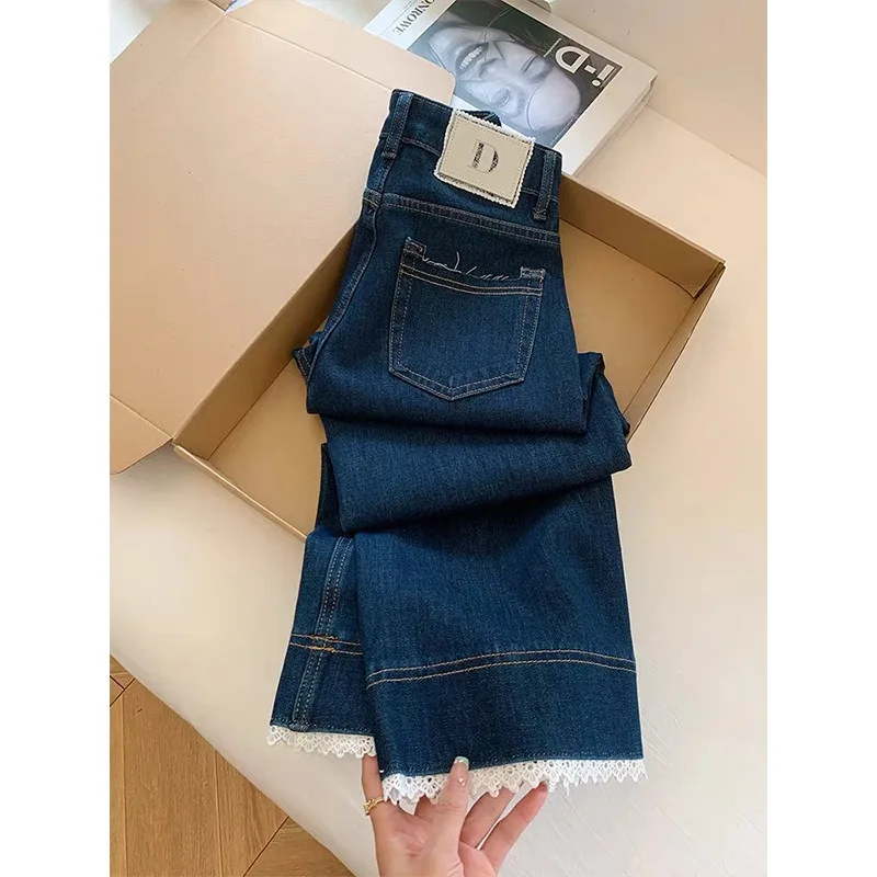 

Retro Straight Solid Color Elastic Denim Pants Women's Spring Autumn Loose High Waist Slim Straight Wide Leg Trousers Women Pant