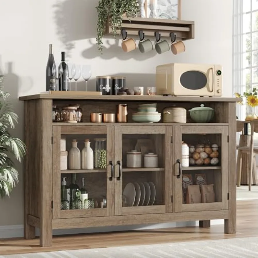 Modern farmhouse buffet cabinet for dining room and living room use, made of wood, white finish, with glass door, adjustable sh