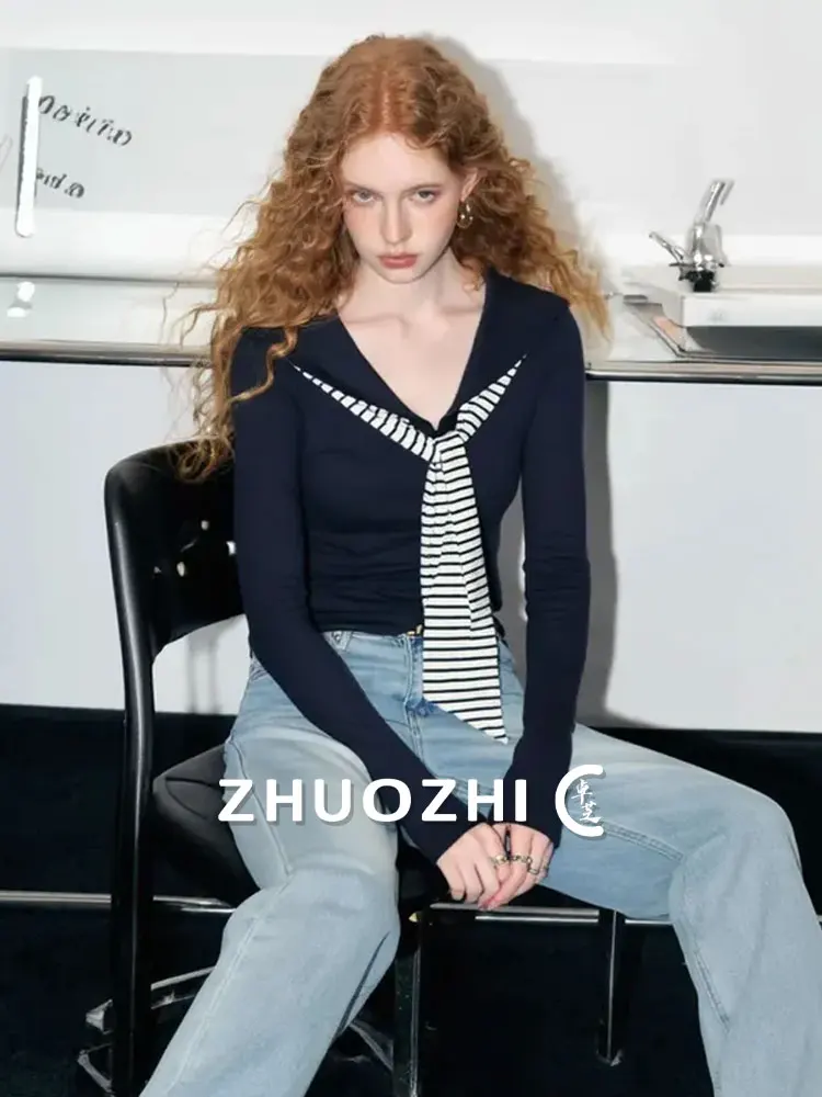 

ZhuoZhi Nautical System Tied V-ne Long Sve Soft Cozy Overhead College Sle Top for Women Autumn New Arrival