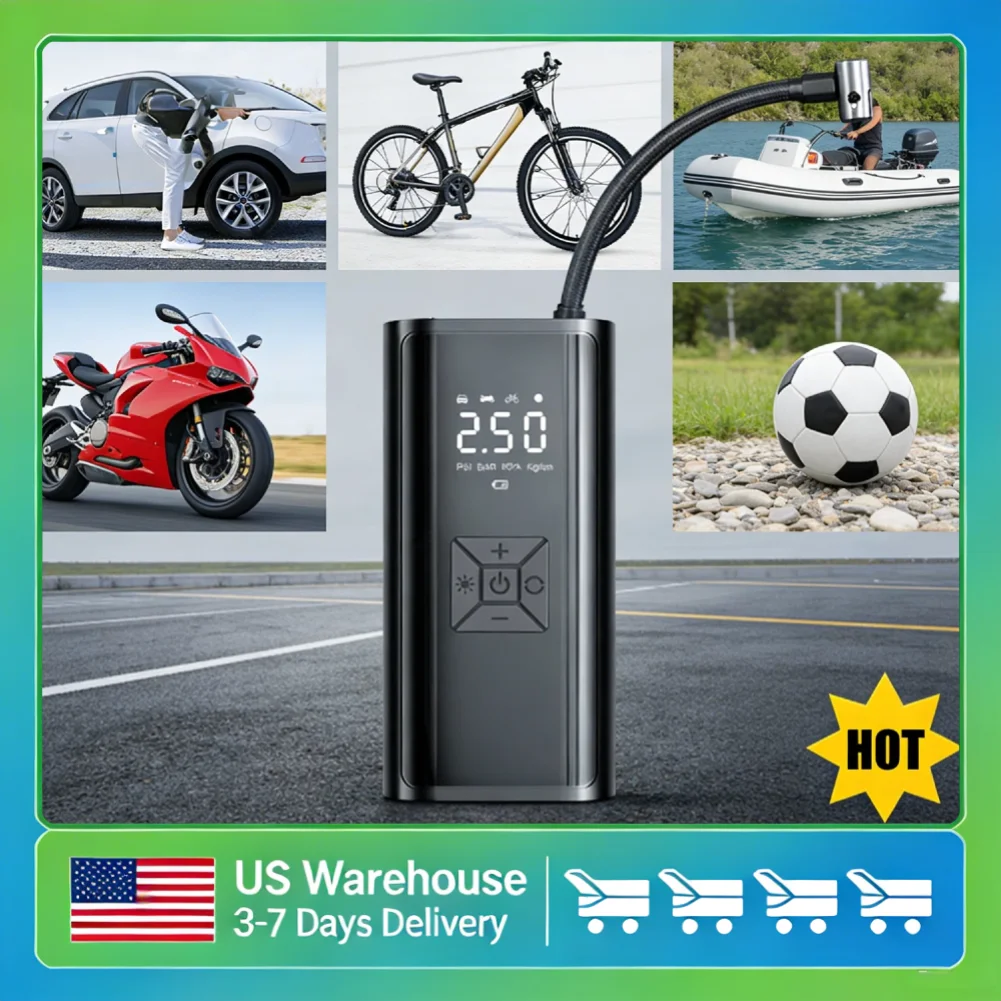 

Цифровой автоматический компрессор для подкачки шин с 4 единицами измерения давления, кнопочным управлением и LED-подсветкой для автомобильных и мотоциклетных шин