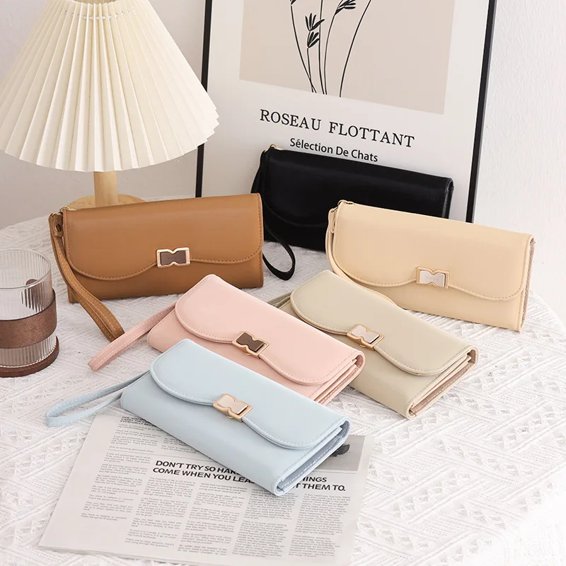 

Женский длинный тройной многослотовый портативный дорожный кошелек из искусственной кожи с простой однотонной застежкой большой емкости