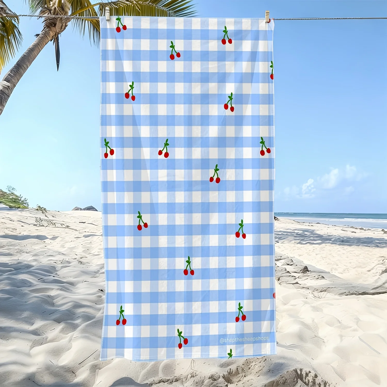 Cherry Gingham Beach Towel Blue White Checkered Pattern Red Fruit Green Stem Summer Poolside Decor Stylish Adult