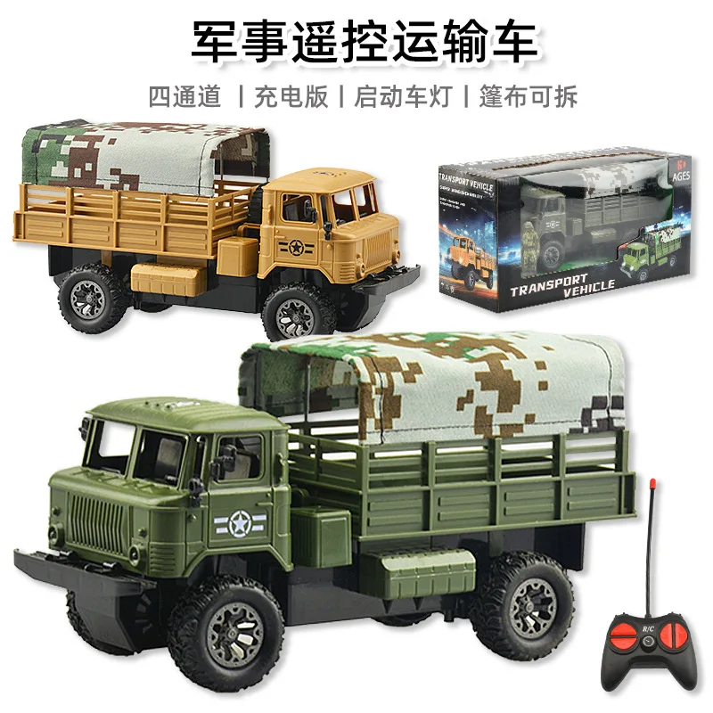 Tenda de caminhão modelo militar com controle remoto sem fio de quatro rodas para crianças destacável com brinquedo modelo de veículo de transporte leve