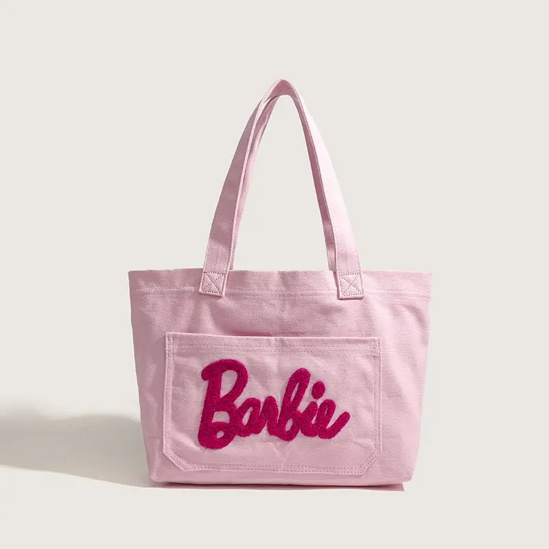 

MINISO Kawaii Barbie Canvas Bag Anime Cute Girl Pink High Capacity Shopping Bag Embroidery Leisure Dopamine Handbag Shoulder Bag