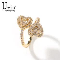 Uwin Heart Thin Circle Ring Baguetter Iced Out Bling Square Cubic Zirconia Charm Luxury Jewelry Engagement Gift For Women