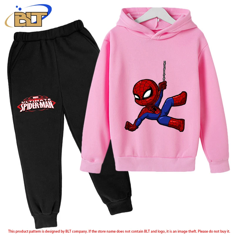 Spider-Man children's fleece hoodie suit pink sports sweatshirt pants two-piece suit for boys and girls