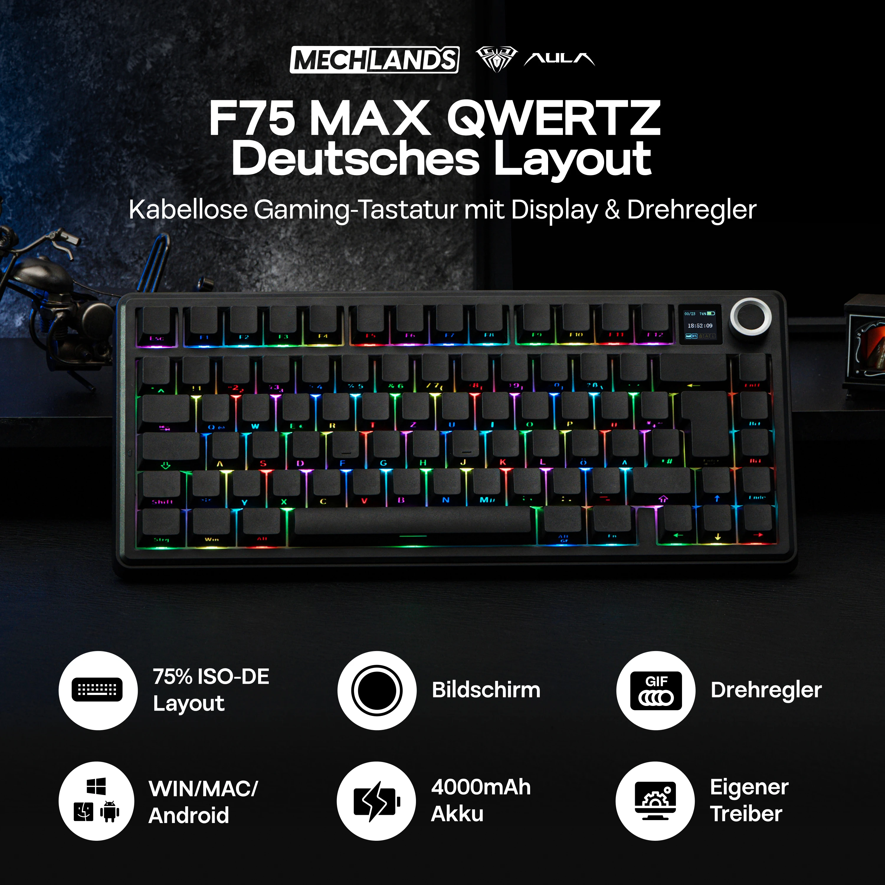ISO-DE EPOMAKER X AULA F75 MAX 75% German QWERTZ Layout Tri-mode Wireless Mechanical Gaming Keyboard For WIN/Mac/PC