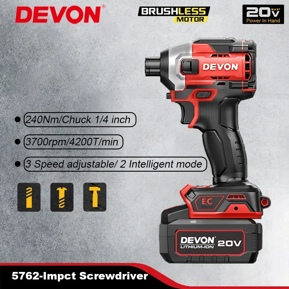 

DEVON Cordless Impact Screwdriver Rechargeable Brushless 5762-LI-20 2 Smart Modes 240Nm 3700rpm 4200T/min Universal Flex Battery