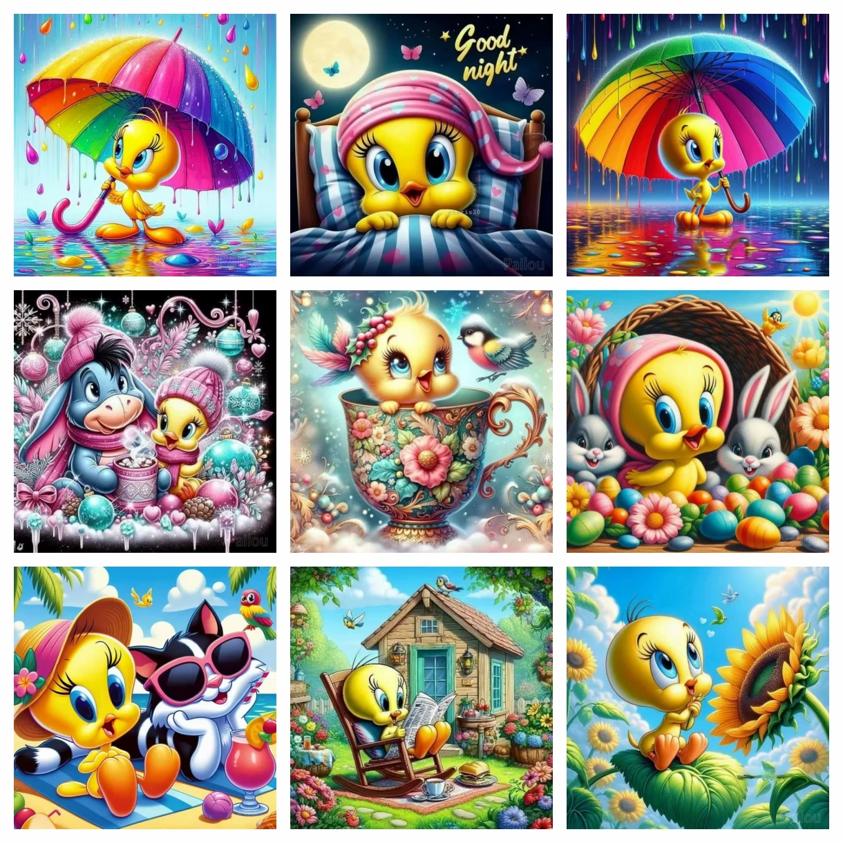 Cute Tweety Bird Under Colorful Umbrella 5D Diamond Painting Art Looney Tunes Cartoon Cross Sttich Diy Mosaic Home Decor Gift