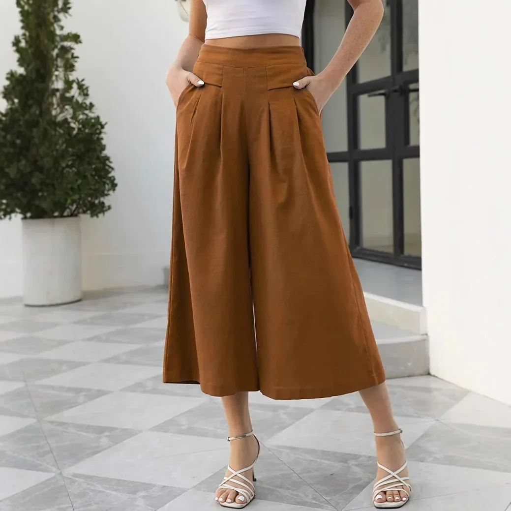 NICE Casual Cotton Feel Elastic Waist Wide Leg Nine Points Pants With Pockets Loose Women's Trousers Workwear Style Female Long