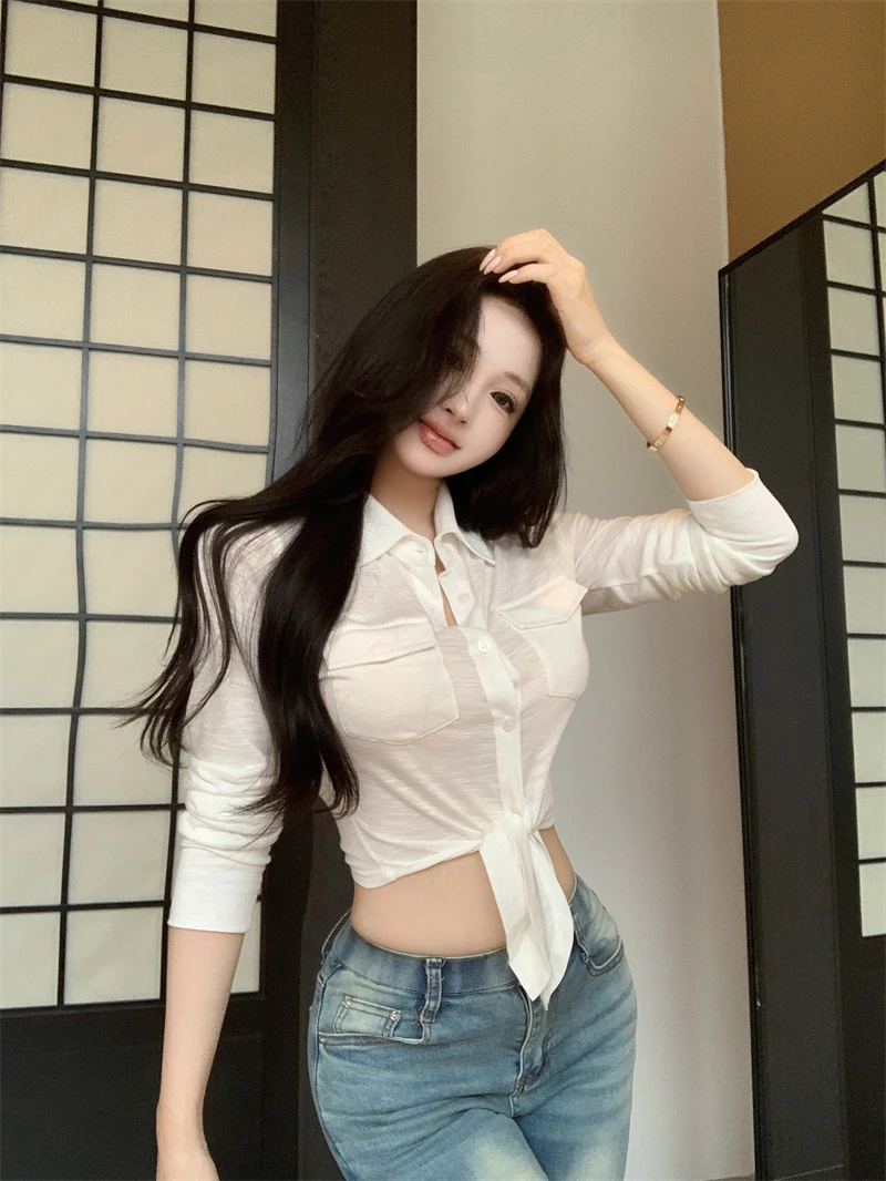 

White Slim Fit Long Sleeve Neck Shirt Women's Spring Belted Thin Commute Style Versatile Business Casual Top