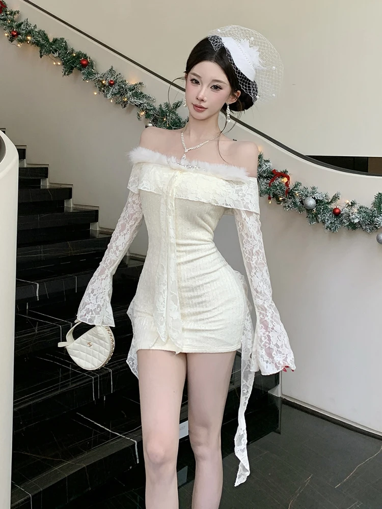 REDDACHiC-minivestido de encaje Floral para mujer, minivestido de fiesta con diamantes, adorno de piel sintética, un hombro acampanado, manga larga, ceñido al cuerpo, ropa Sexy de otoño