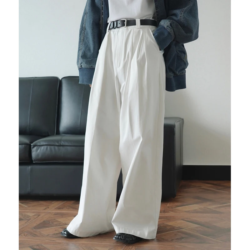 2024 Women Autumn Pants High Waist Wide Leg Straight Cotton Pants Fashion Clothes White Long Pants Female Trousers