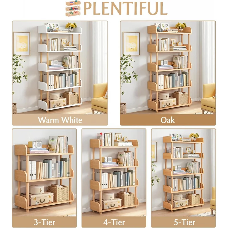 5-Tier Wooden Open Bookcase - Modern Display Bookshelf with Top and Solid Wood Frame Home and Office, Storage Cabin