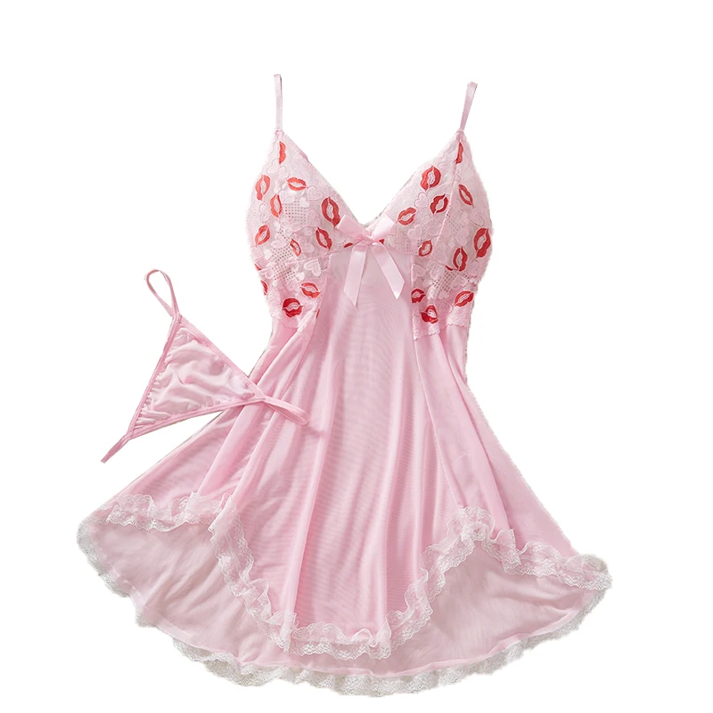 

Прозрачная розовая ночная сорочка-пеньюар и стринги, сексуальное женское белье с глубоким V-образным вырезом, кружевное, с бантом, эротический костюм