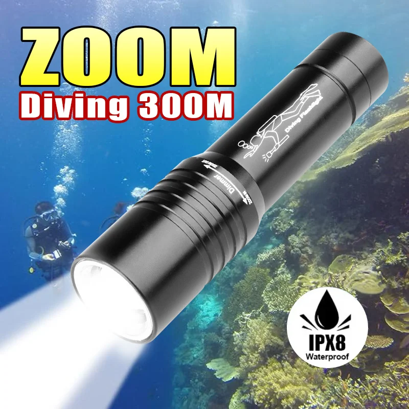 

Подводный фонарь для дайвинга 300М с зумом, мощный светодиодный фонарь T6, профессиональный фонарь для подводного плавания, IPX8, перезаряжаемый, 18650