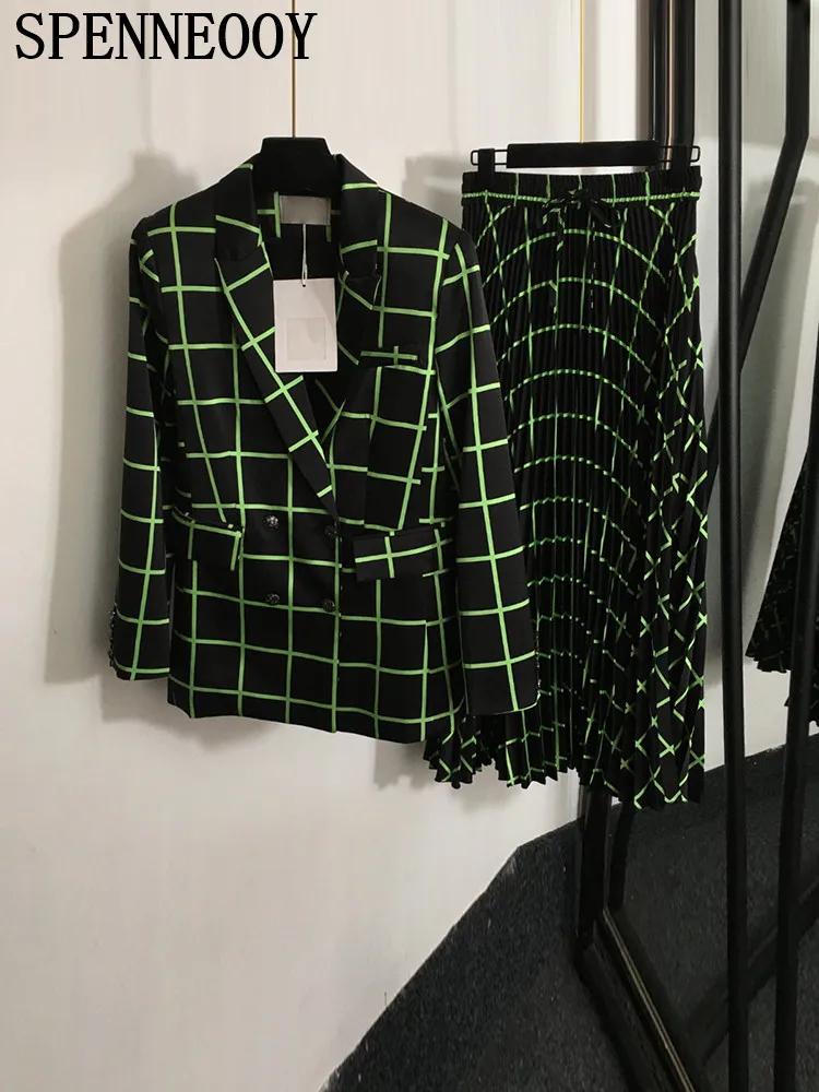 SPENNEOOY Fashion Runway Autumn Green Plaid Long Skirt Suit Women\'s Upside Down Collar Long Sleeve Jacket + A-Line Pleated Skirt