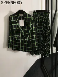 SPENNEOOY Fashion Runway Autumn Green Plaid Long Skirt Suit Women's Upside Down Collar Long Sleeve Jacket + A-Line Pleated Skirt