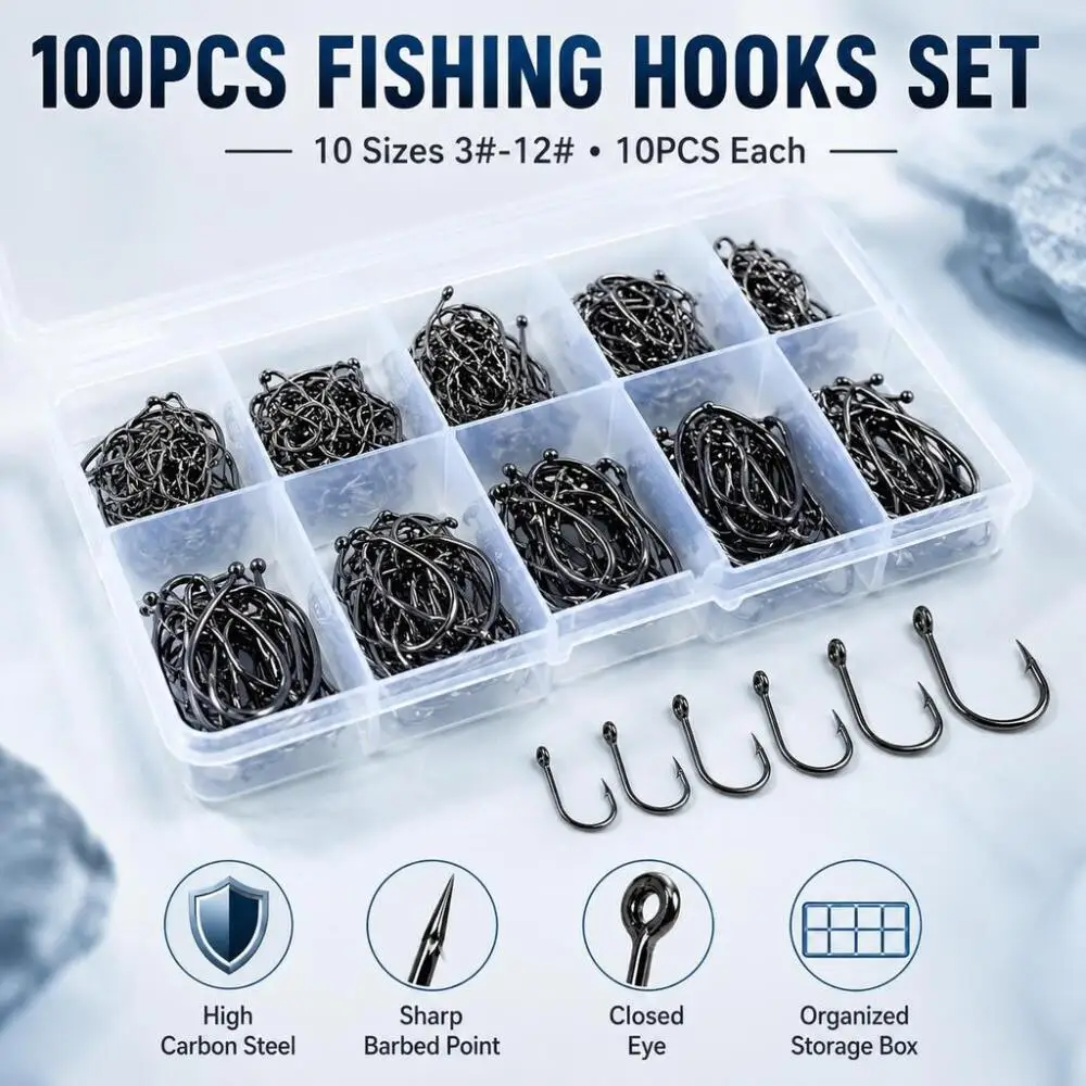 100 Pieces Fishing Hook Set, 10 Sizes Barbed Fish Hooks, High Carbon Steel with Storage Box for Freshwater and Saltwater Fishing