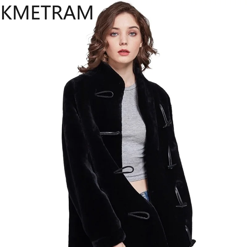 

KMETRAM 100% Merino Wool Sheepskin Fur Coat Woman Retro Loose Real Fur Black Jacket Winter Fashion Clothing 2025 vestes femmes