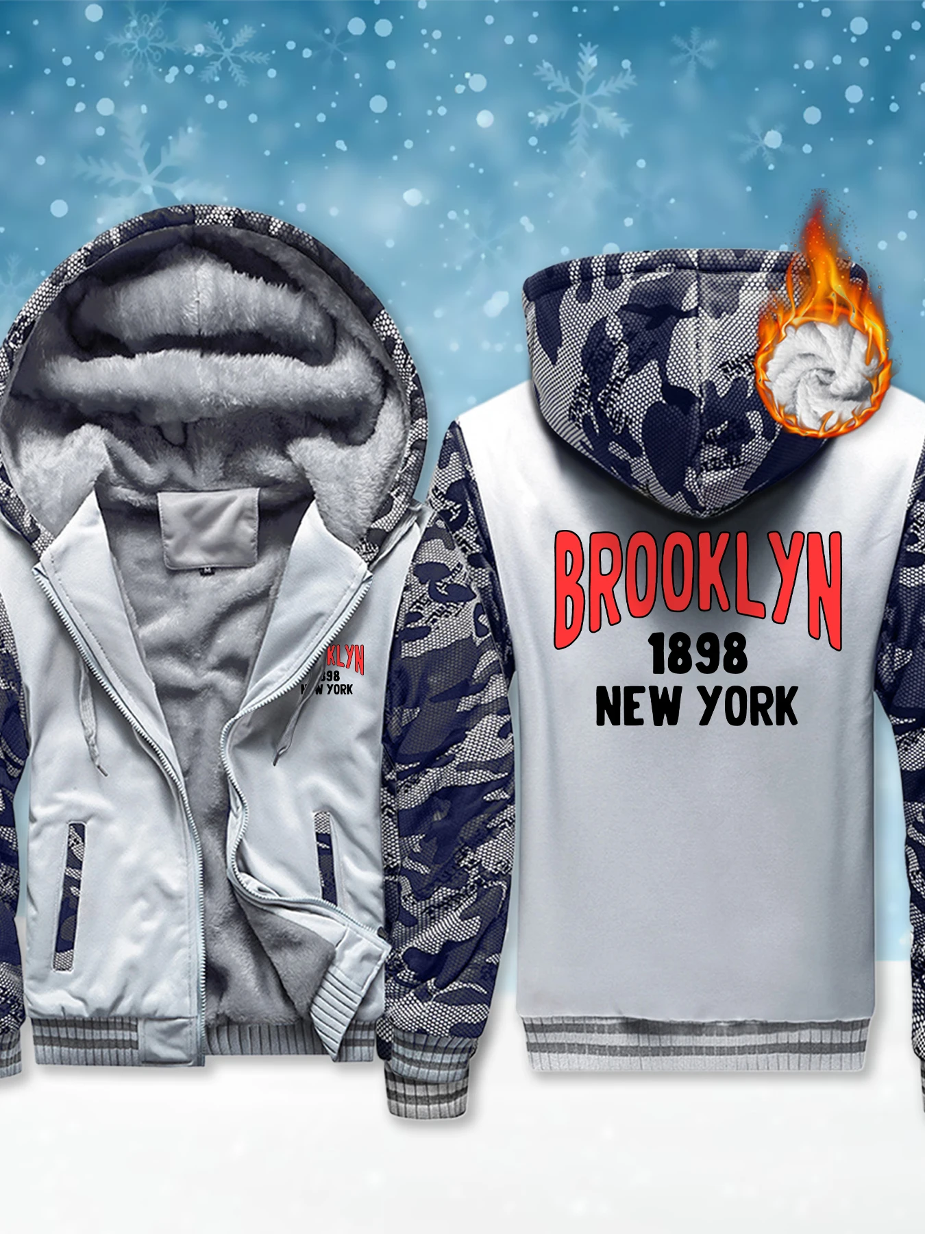 

Brooklyn 1898 New York Letter Prints Mans Pullover Fleece Warm Streetwear Winter Fashion Sweatshirt Soft Thick Casual Hoodies