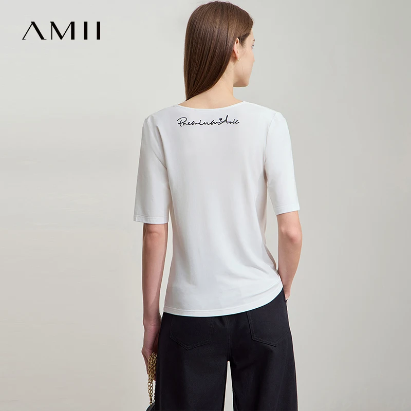 Amii Minimalist T-shirt For Women Knitted Draped Collar Embroidered Short Sleeves Highly Elastic Knitted Versatile Tops 12542061