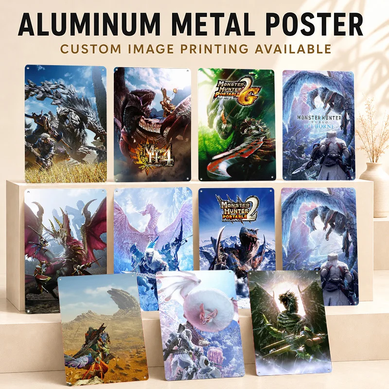 Monster Hunter Textured Posters Customized Aluminum Metal Sign Pixel Era Culture Wall Art Perfect For Arcade Room And Players
