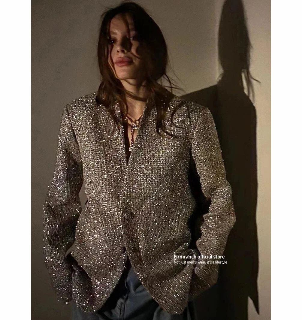 

Firmranch 2024 New Sparkly Silver Tailored Suit Jackets For Women Spring Autumn Loose Deep V-Neck Shining Blazers