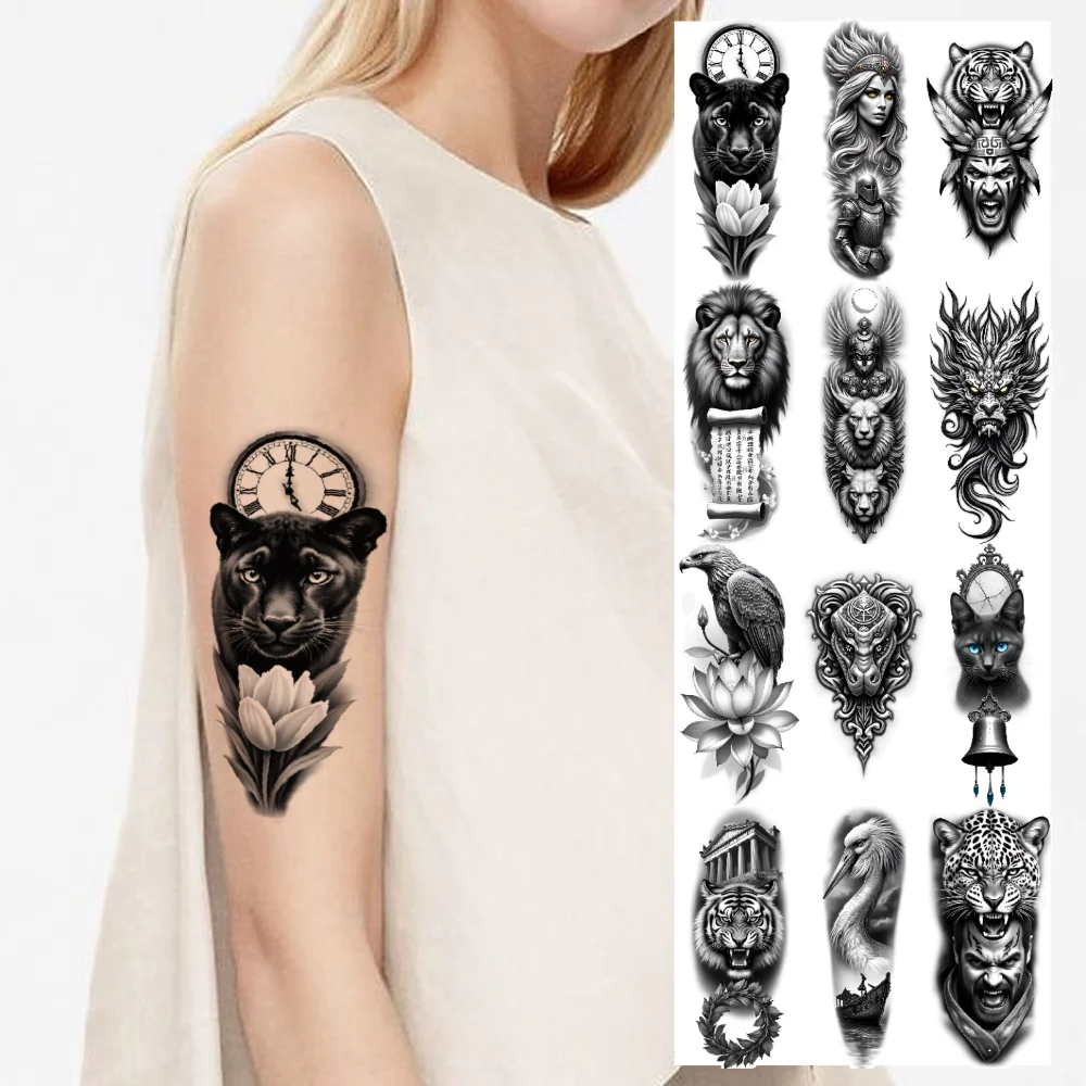 

12pcs Temporary Tattoo Clock Realistic Temporary Tattoos Wolf Dragon Black And Grey Realism Peacock For Male Adult Arm