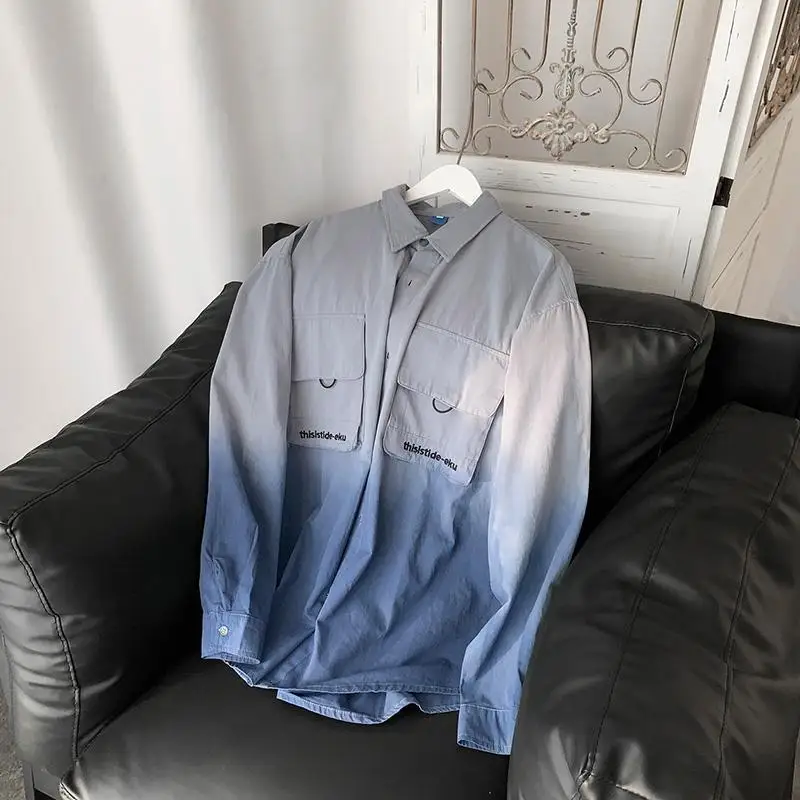 spring autumn new Turn-down Collar Long Sleeve fashion shirt man High street Button pocket patchwork Cardigan Contrast color top