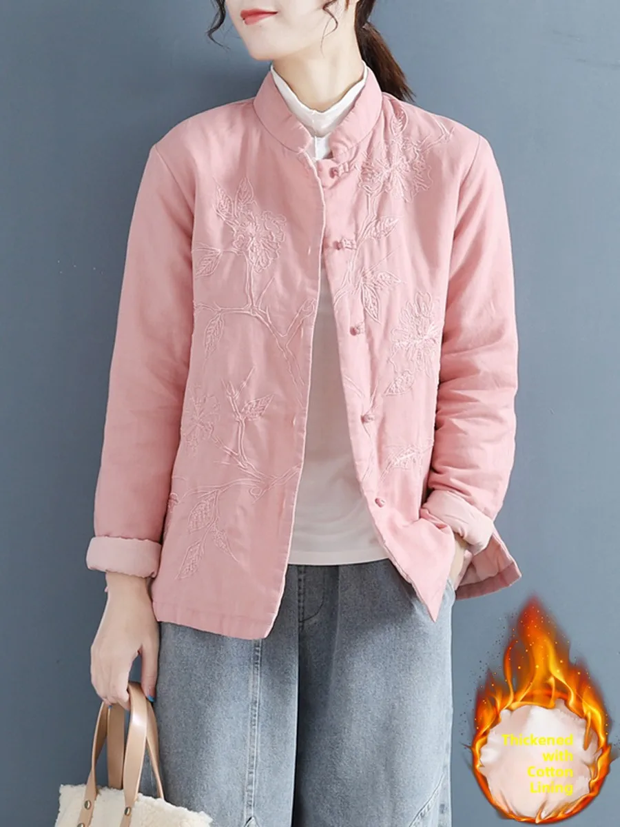

Новая китайская женская хлопковая куртка на пуговицах с вышивкой, зимняя тонкая однотонная хлопковая подкладка, верхняя одежда