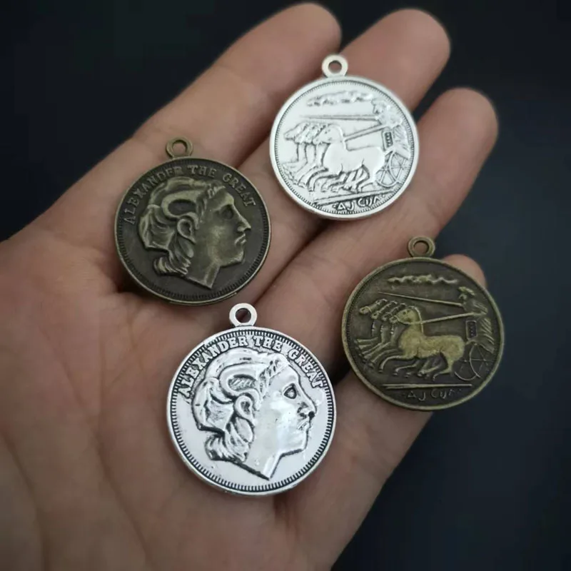 25pcs/lot Alexander the Great Coin Alloy Charms 27x23mm Antique Pendant Fit Vintage Tibetan Silver DIY Bracelet Necklace