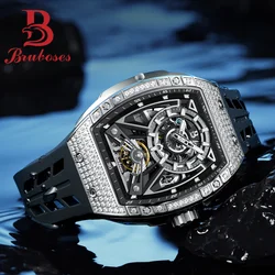 Men Mechanical Winding Watch Montre Homme 2024 New BRUBOSES 5ATM Water Resistant Luminous Tonneau Quartz Wristwatch WIth Diamond