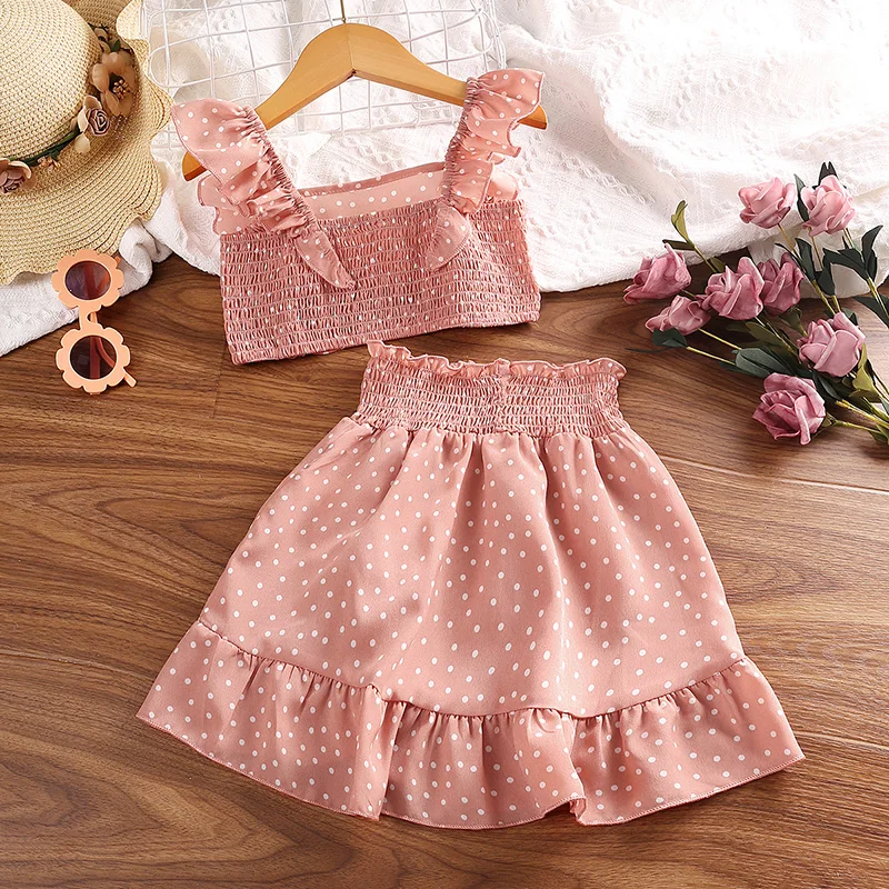Girls\' Clothing Set 5-12T Tri-Color Optional Flying Sleeve Square Collar Vest Top + Lace Skirts  Children Girls Baby Clothes Set