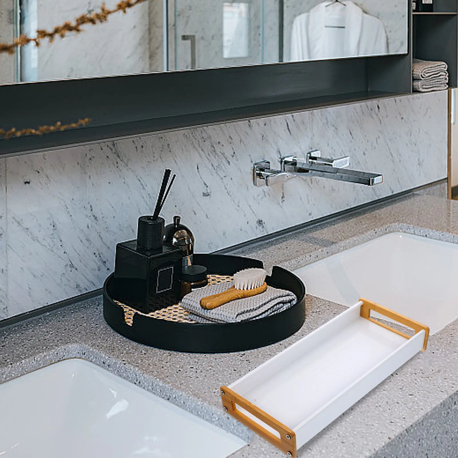 

Многофункциональный бамбуковый алюминиевый поднос с ручкой для ванной комнаты: органайзер для косметики, украшений, уходовых средств, парфюмерии, для рабочего стола