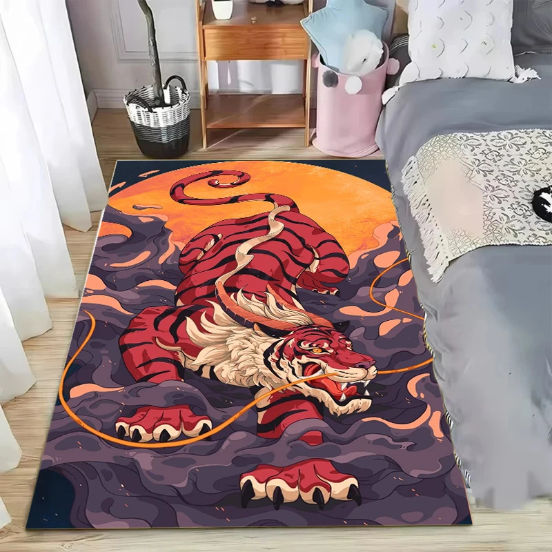Tiger Print Carpet Japanese Anime Style Pattern Rug for Living Room Bedroom Soft Floor Mat Bold Art Home Decor