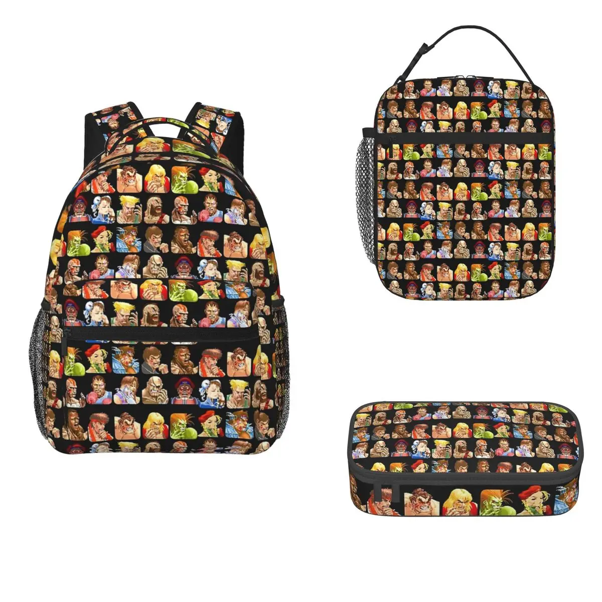 Defeated Portraits Super Street Fighter Backpacks Boys Bookbag Children School Bags Rucksack Lunch Bag Pen Bag Three-Piece Set