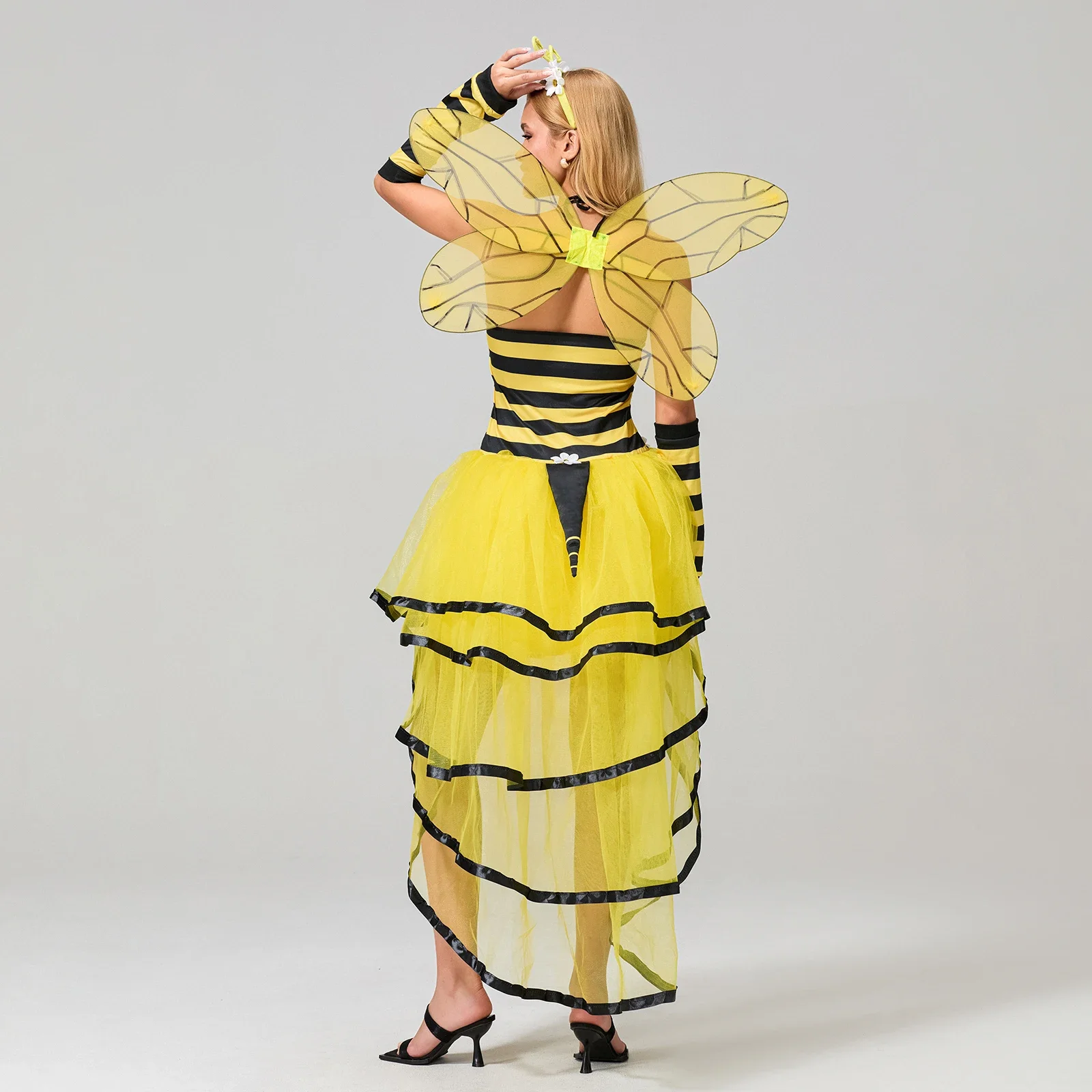 Women Halloween Cosplay Bee Costume Bee Queen Halloween Party Cosplay Dress Wings Headband and Arm Sleeve Fancy Costume