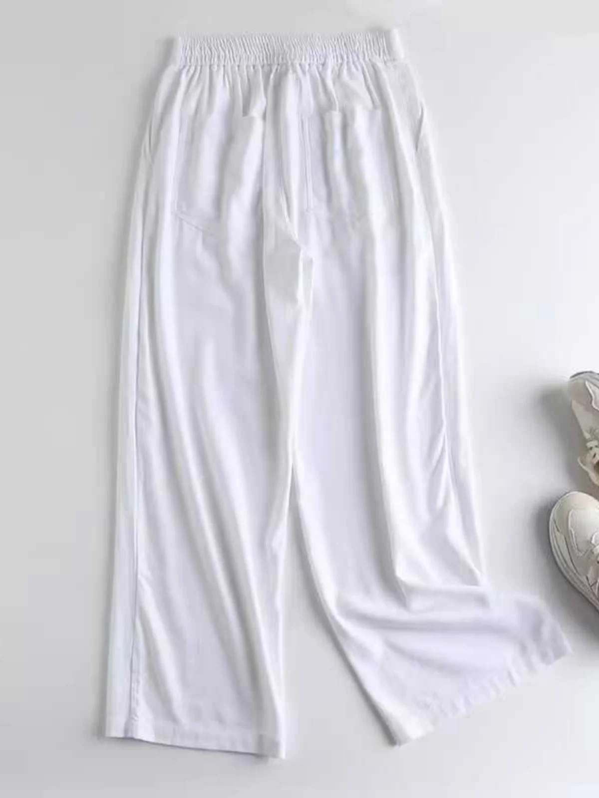 Nova primavera verão calças de linho casuais femininas cintura alta fina perna reta calças de viagem ele plissado branco